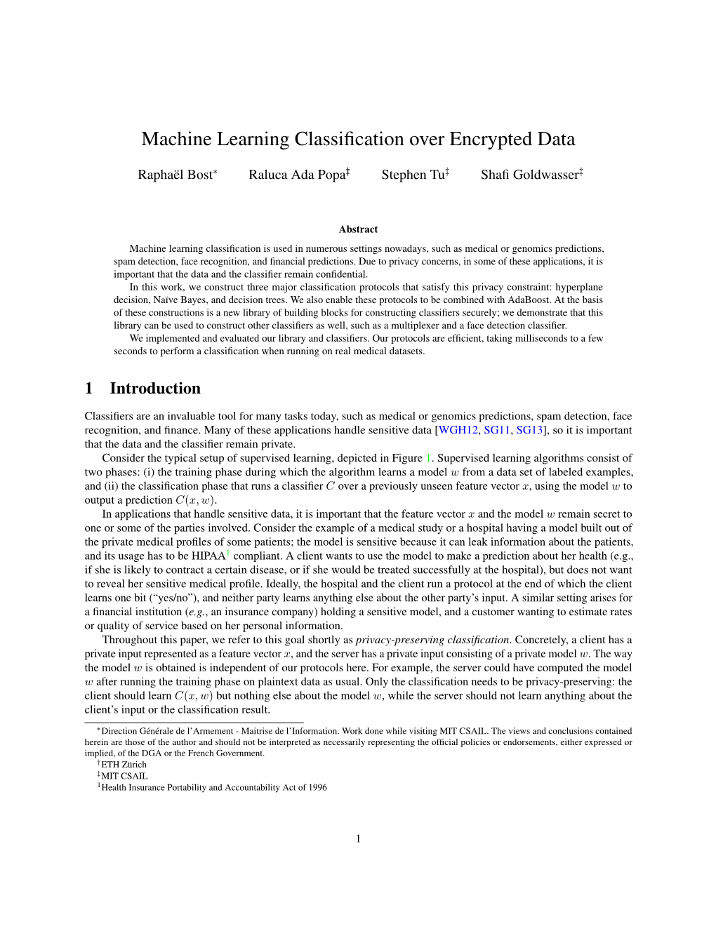 Machine Learning Classification Over Encrypted Data