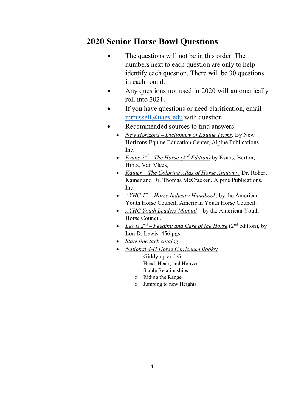 2020 Senior Horse Bowl Questions  the Questions Will Not Be in This Order