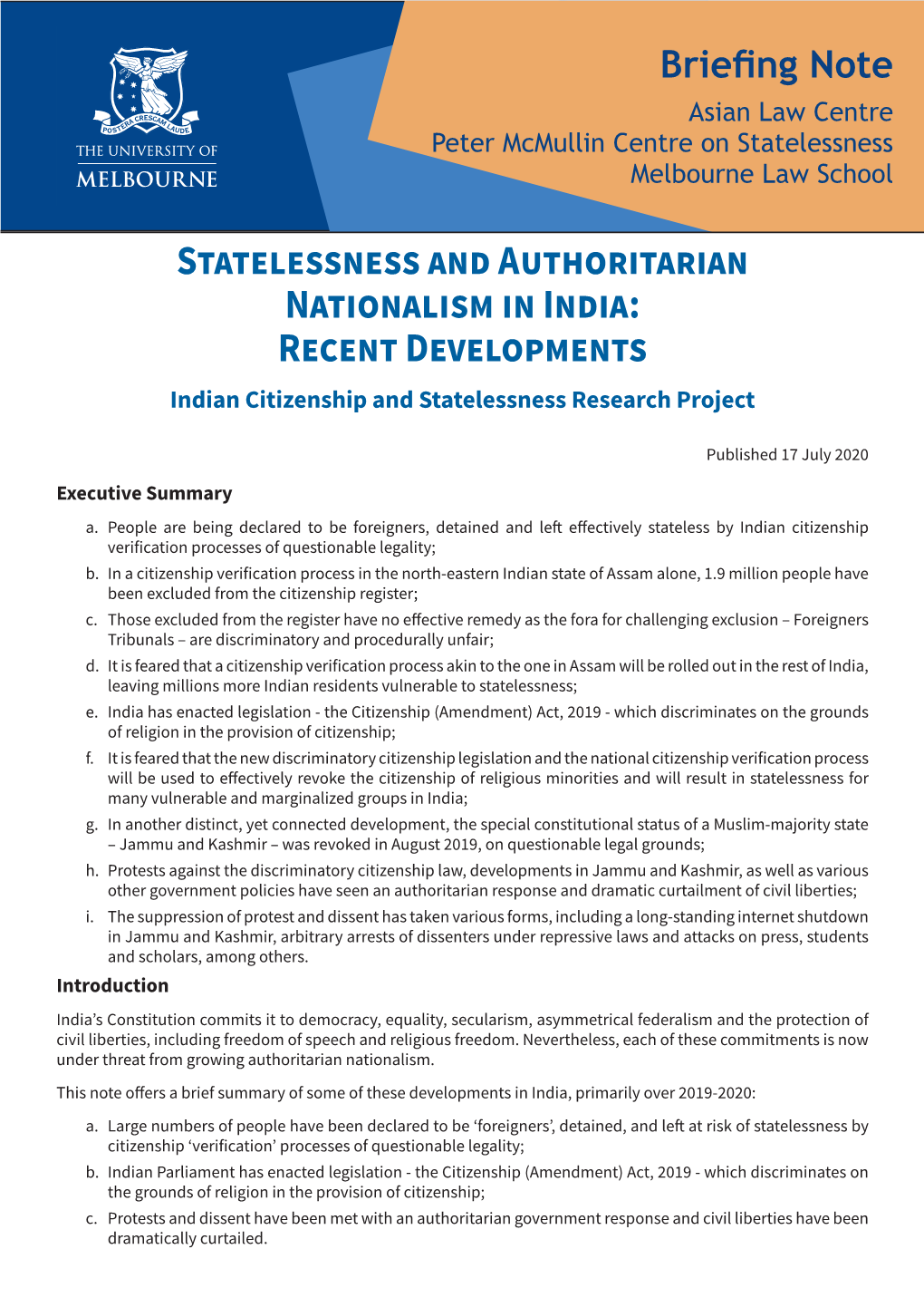 Statelessness and Authoritarian Nationalism in India: Recent Developments Indian Citizenship and Statelessness Research Project