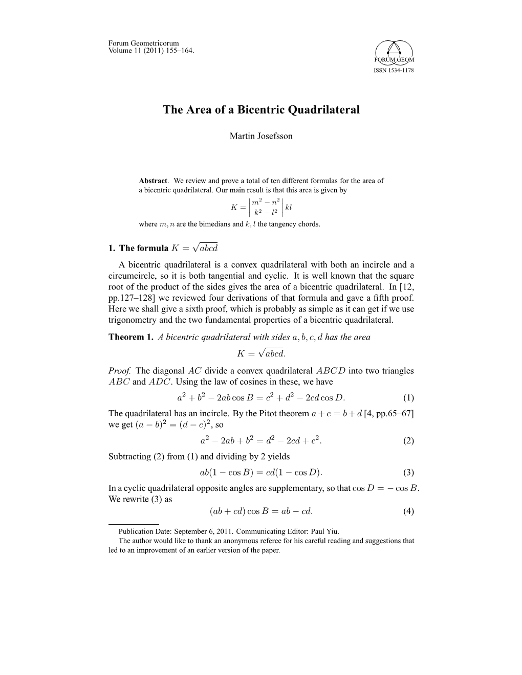 The Area of a Bicentric Quadrilateral