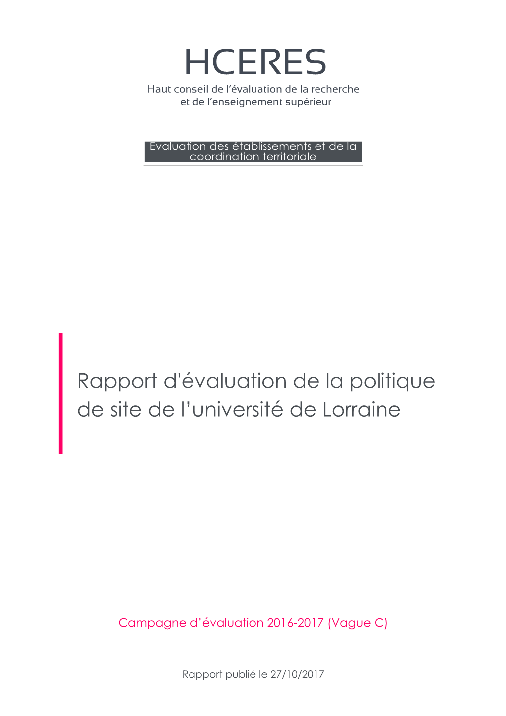 Rapport D'évaluation De La Politique De Site De L'université De Lorraine