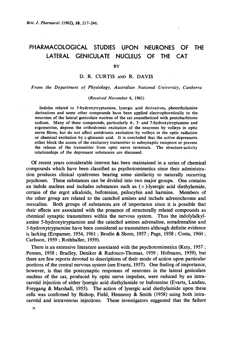 Pharmacological Studies Upon Neurones of the Lateral Geniculate Nucleus of the Cat by D