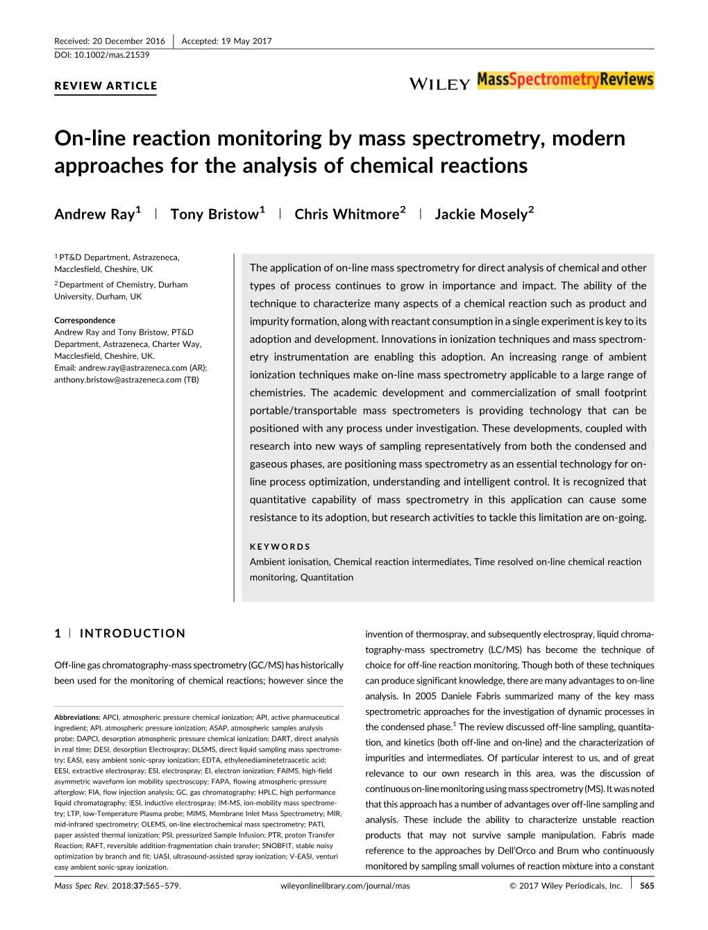 On-Line Reaction Monitoring by Mass Spectrometry, Modern Approaches for the Analysis of Chemical Reactions