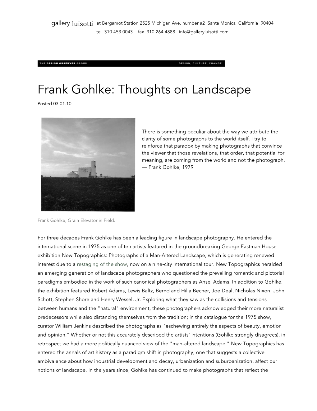 Frank Gohlke: Thoughts on Landscape