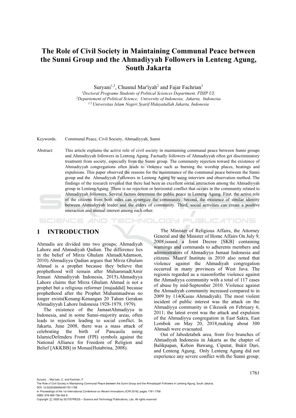 The Role of Civil Society in Maintaining Communal Peace Between the Sunni Group and the Ahmadiyyah Followers in Lenteng Agung, South Jakarta