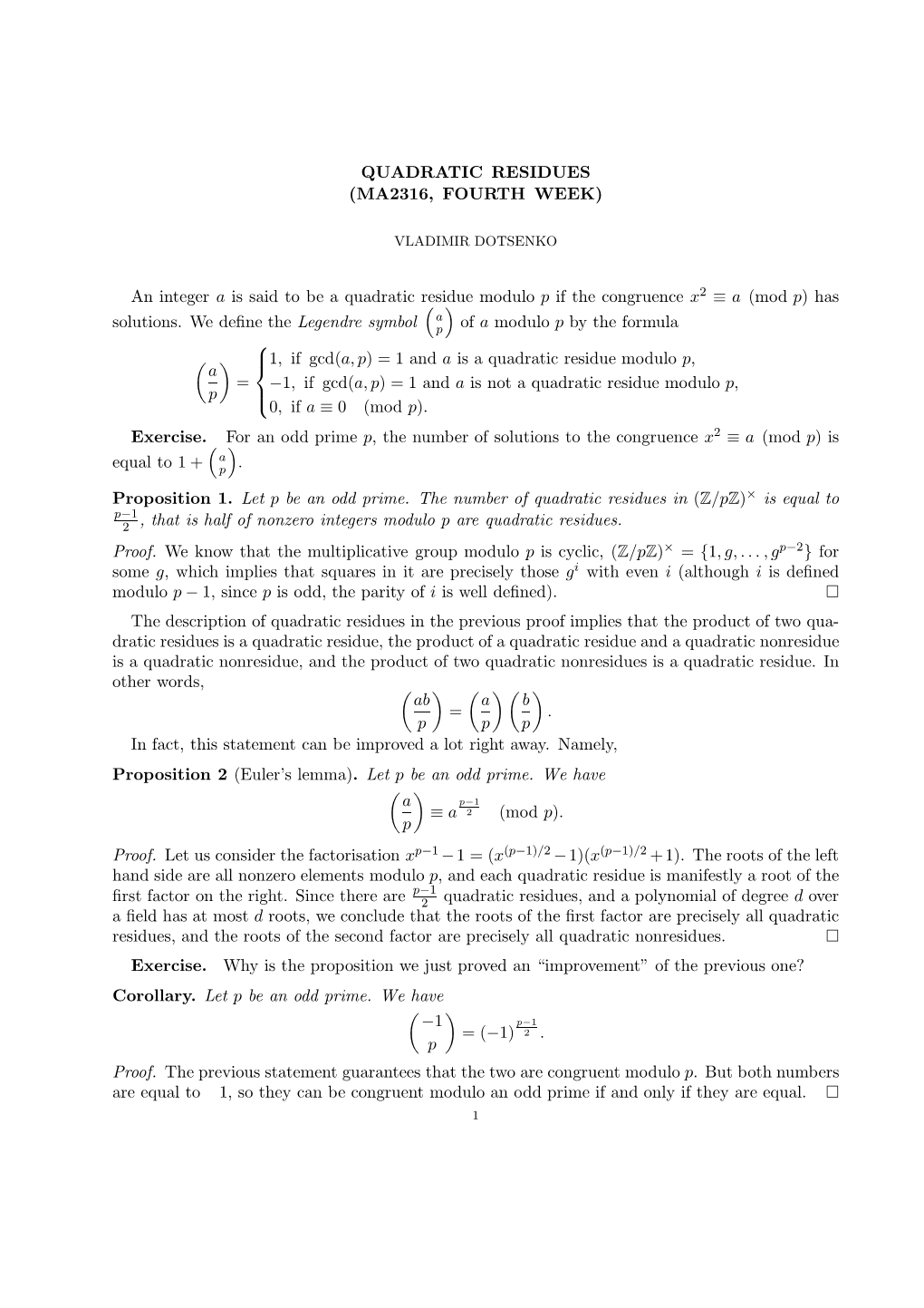 An Integer a Is Said to Be a Quadratic Residue Modulo P If the Congruence X 2