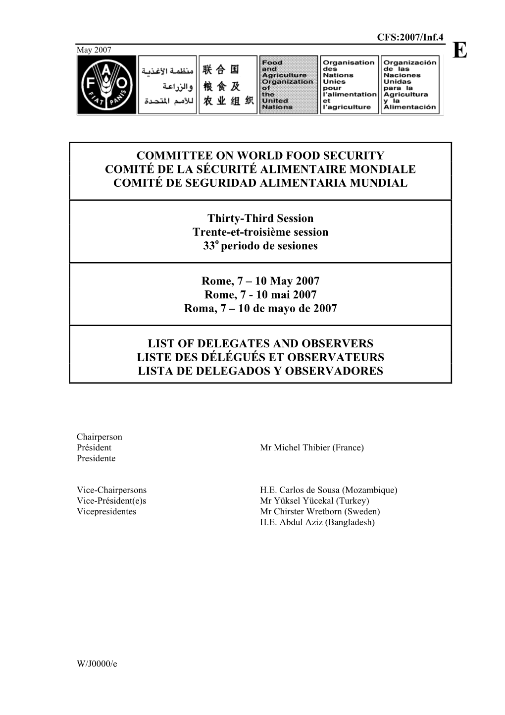 Committee on World Food Security Comité De La Sécurité Alimentaire Mondiale Comité De Seguridad Alimentaria Mundial