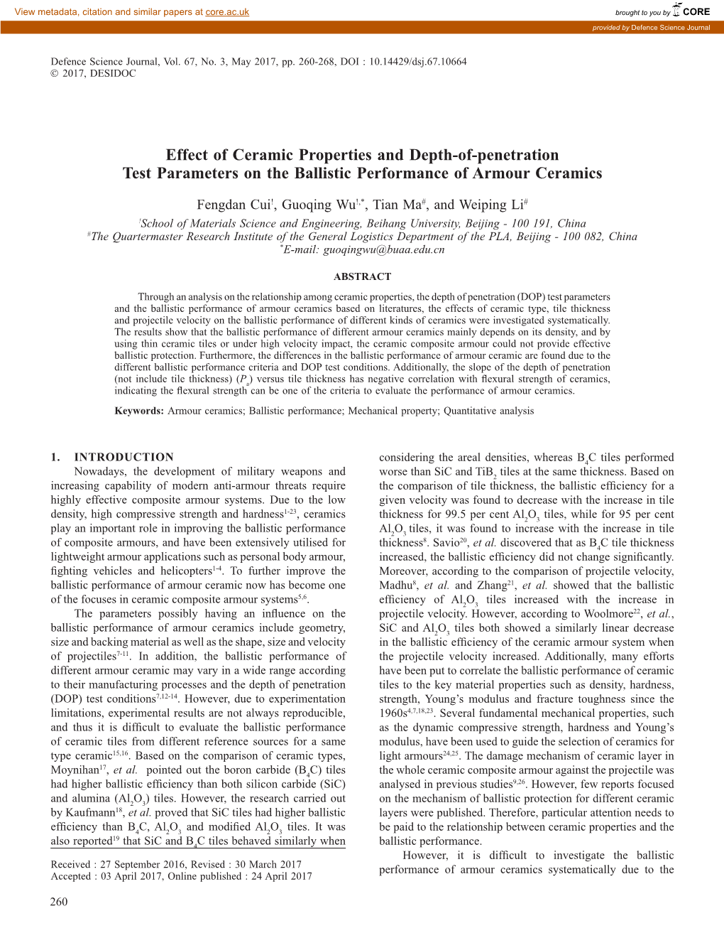 Effect of Ceramic Properties and Depth-Of-Penetration Test Parameters on the Ballistic Performance of Armour Ceramics