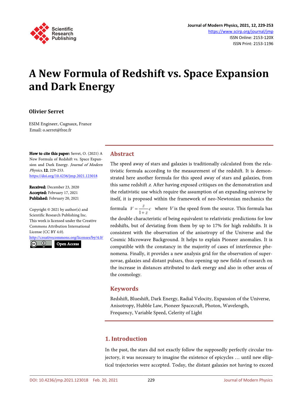 A New Formula of Redshift Vs. Space Expansion and Dark Energy