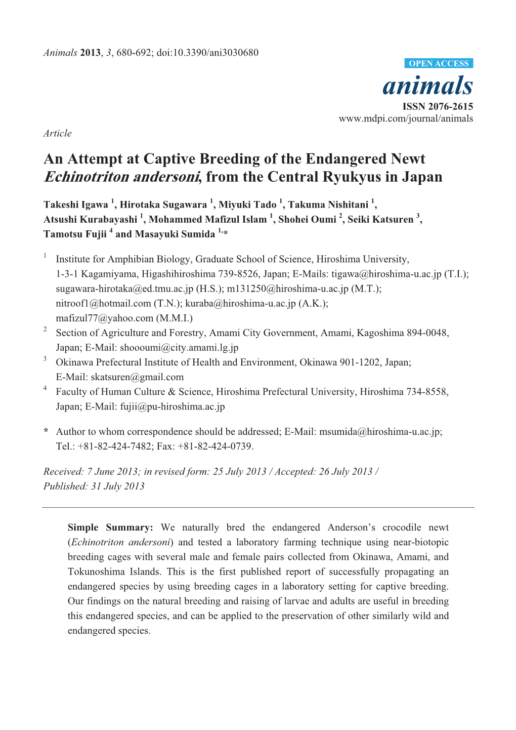 An Attempt at Captive Breeding of the Endangered Newt Echinotriton Andersoni, from the Central Ryukyus in Japan