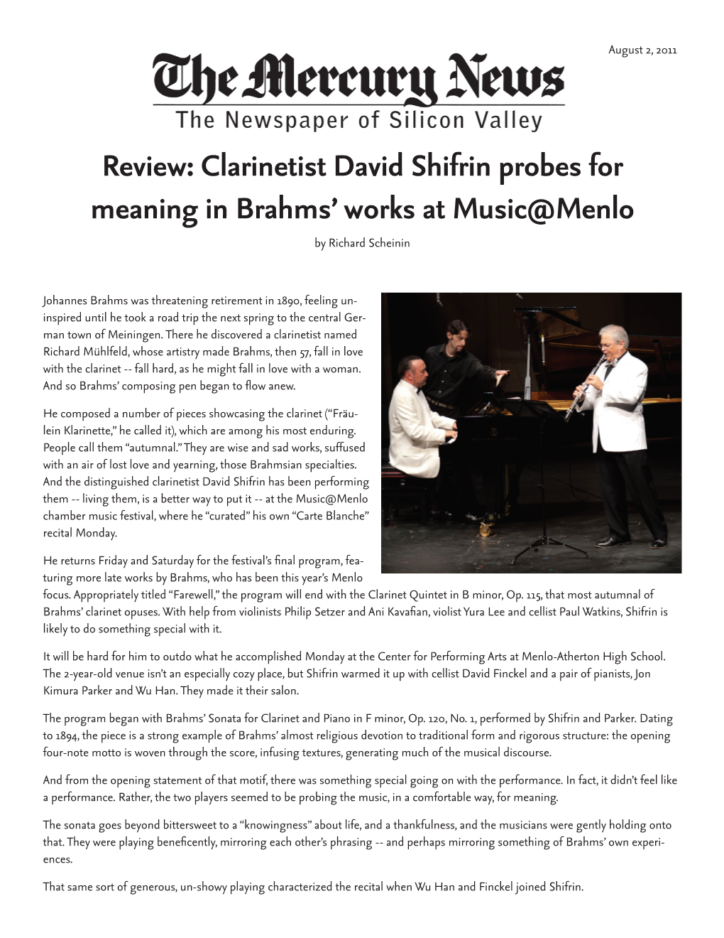 Clarinetist David Shifrin Probes for Meaning in Brahms’ Works at Music@Menlo by Richard Scheinin