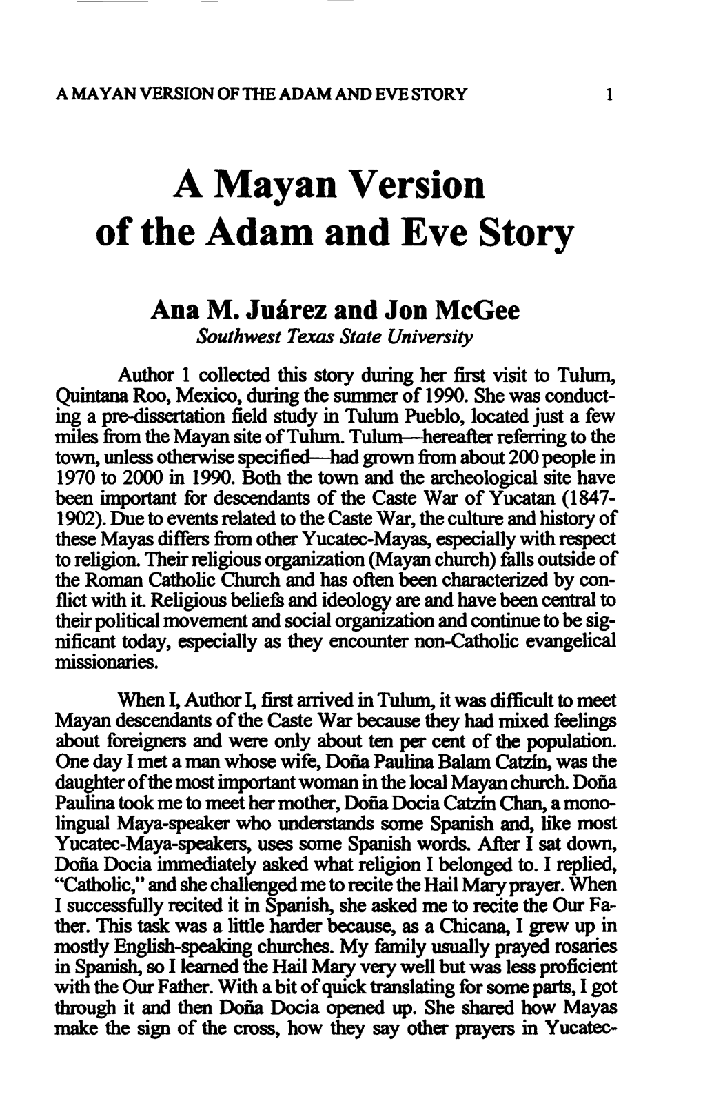 A Mayan Version of the Adam and Eve Story 1