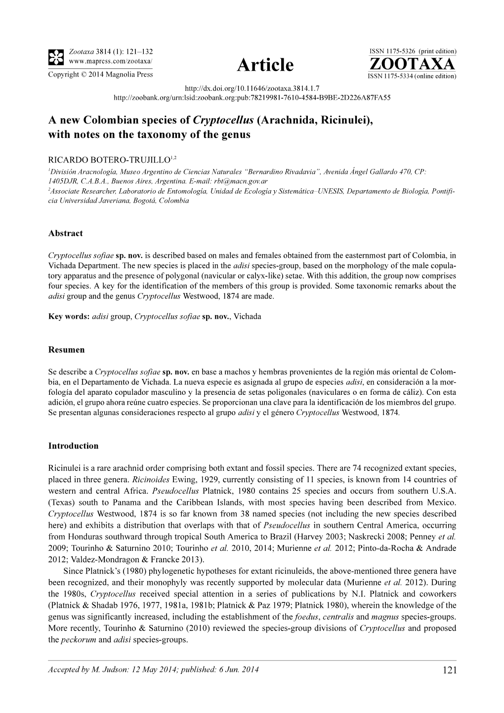 A New Colombian Species of Cryptocellus (Arachnida, Ricinulei), with Notes on the Taxonomy of the Genus