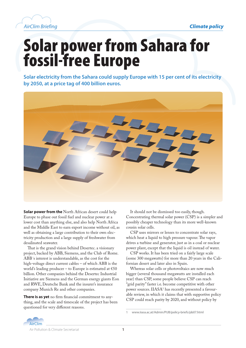 Solar Power from Sahara for Fossil-Free Europe, Briefing, 2011