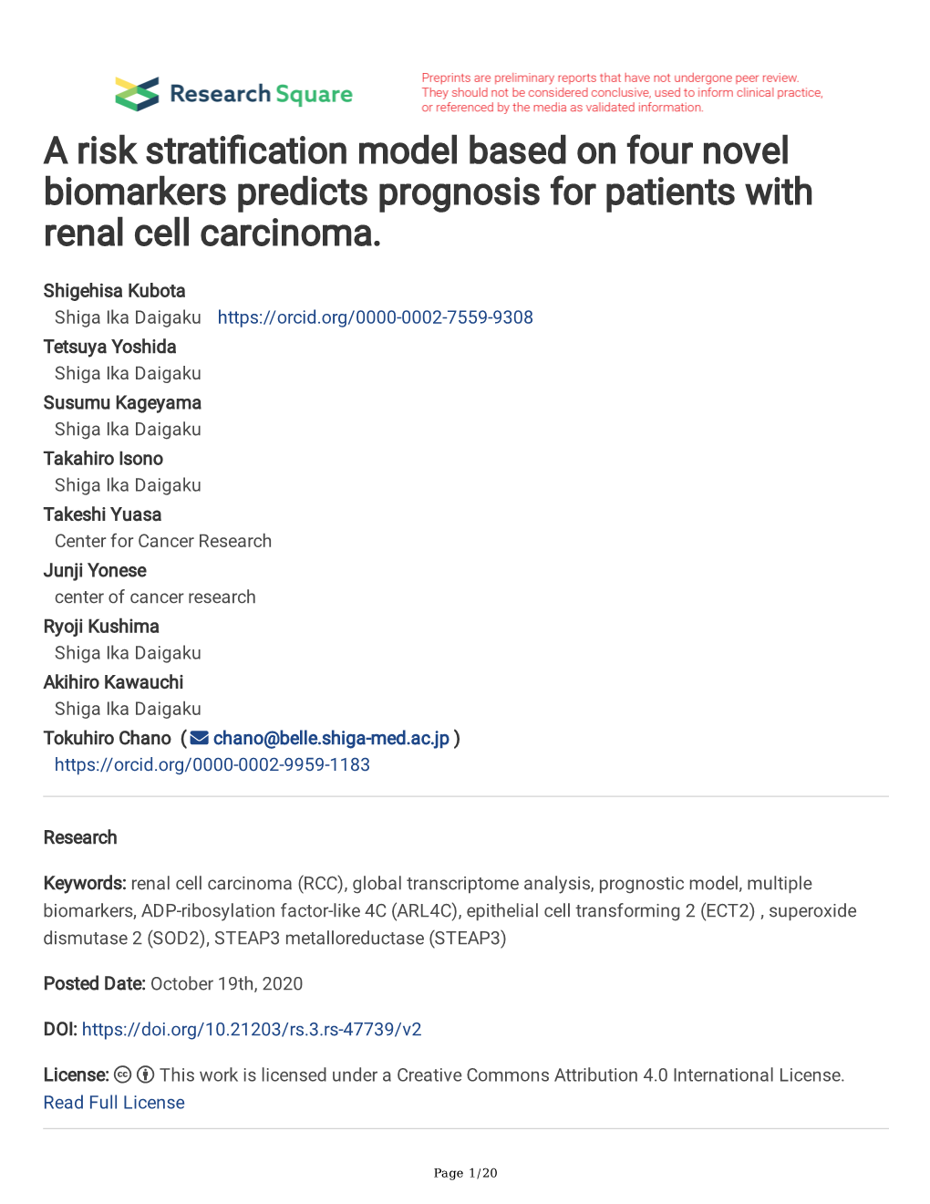 A Risk Strati Cation Model Based on Four Novel Biomarkers Predicts