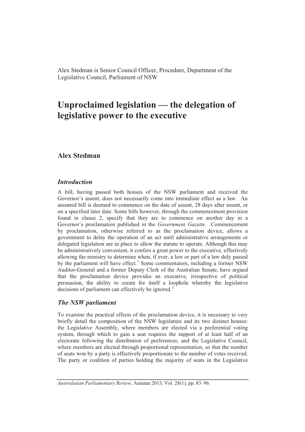 Unproclaimed Legislation — the Delegation of Legislative Power to the Executive