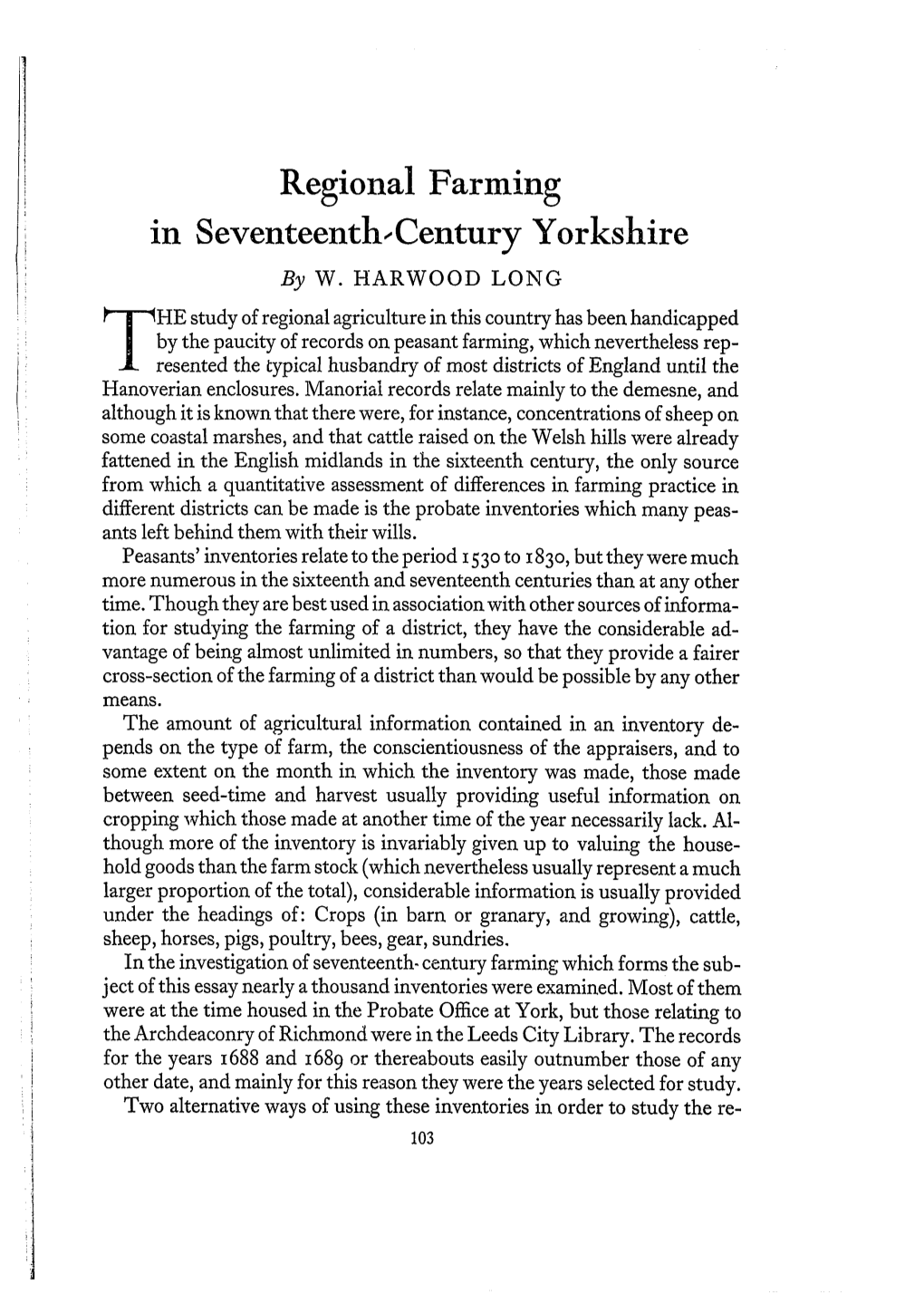 Regional Farming in Seventeenth, Century Yorkshire