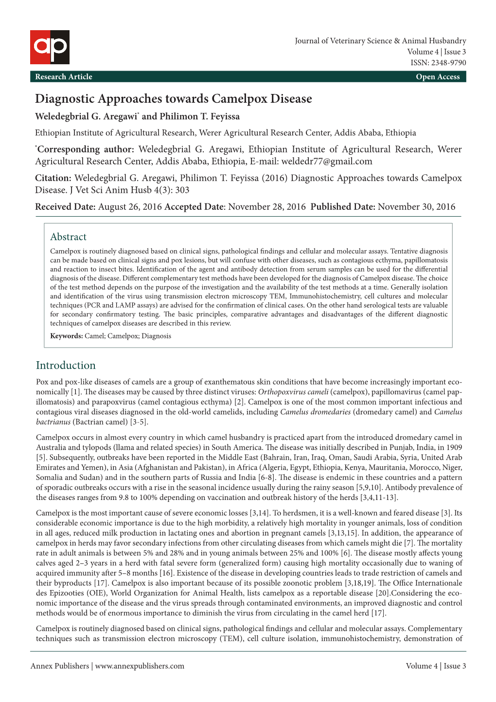 Diagnostic Approaches Towards Camelpox Disease Weledegbrial G