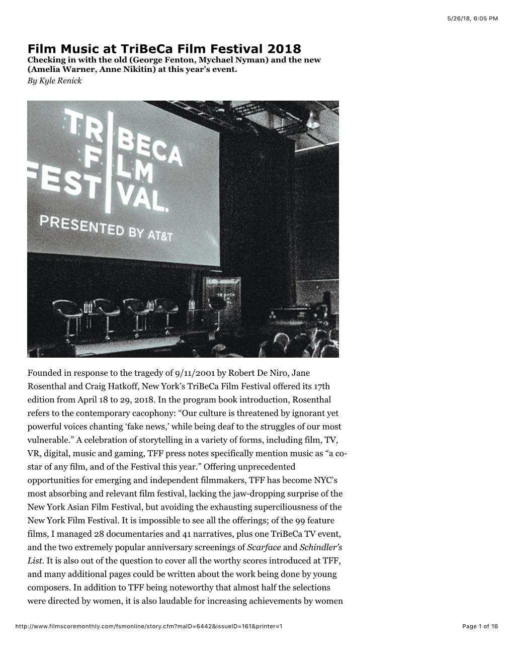 Film Music at Tribeca Film Festival 2018 Checking in with the Old (George Fenton, Mychael Nyman) and the New (Amelia Warner, Anne Nikitin) at This Year’S Event