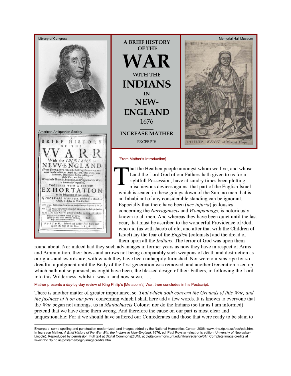 Increase Mather, a Brief History of the War with the Indians in New-England, 1676, Ed