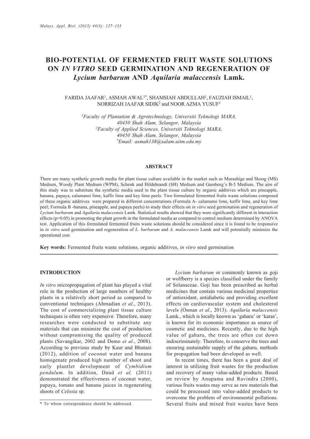 127–133 REGENERATION of Lycium Barbarum and Aquilaria Malaccensis Lamk