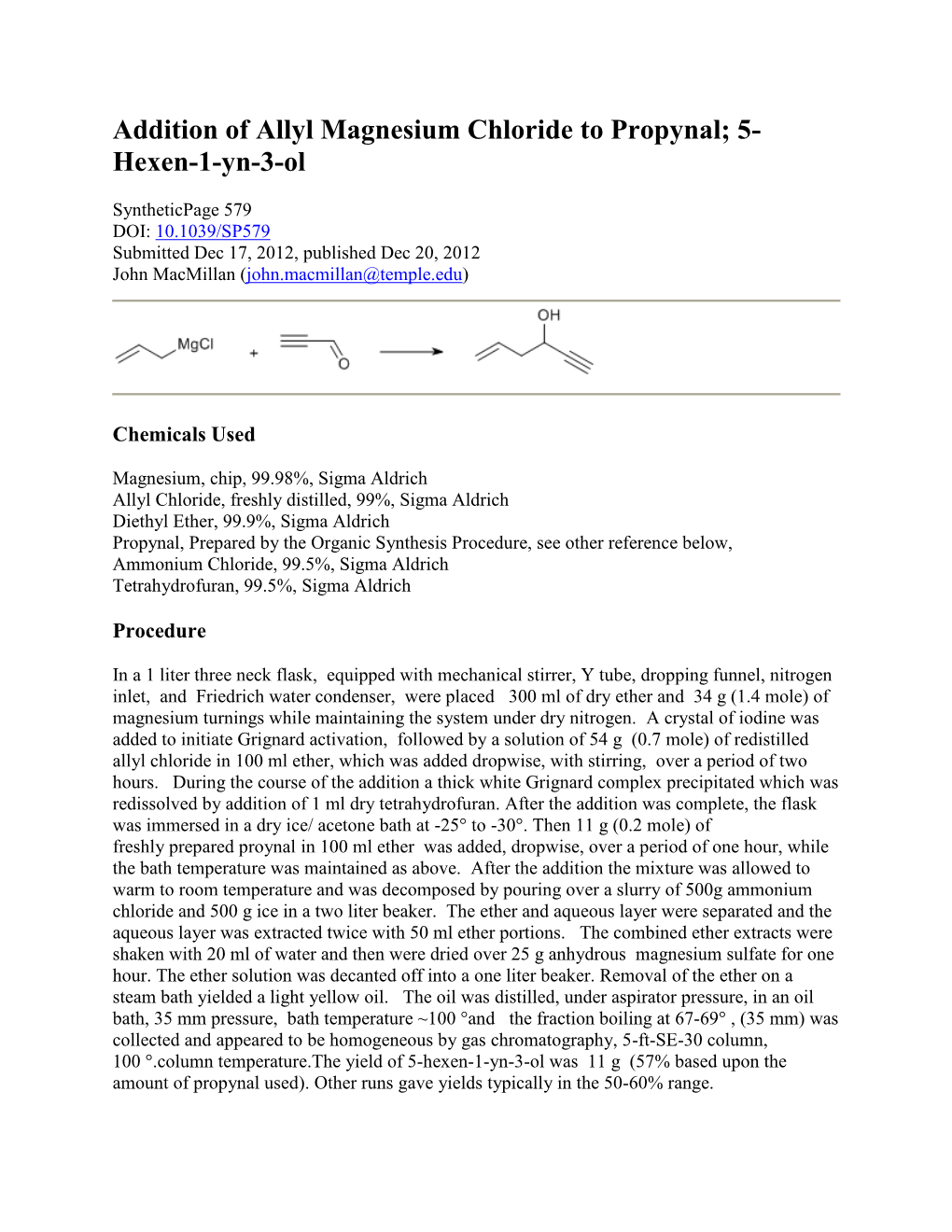 Addition of Allyl Magnesium Chloride to Propynal; 5- Hexen-1-Yn-3-Ol