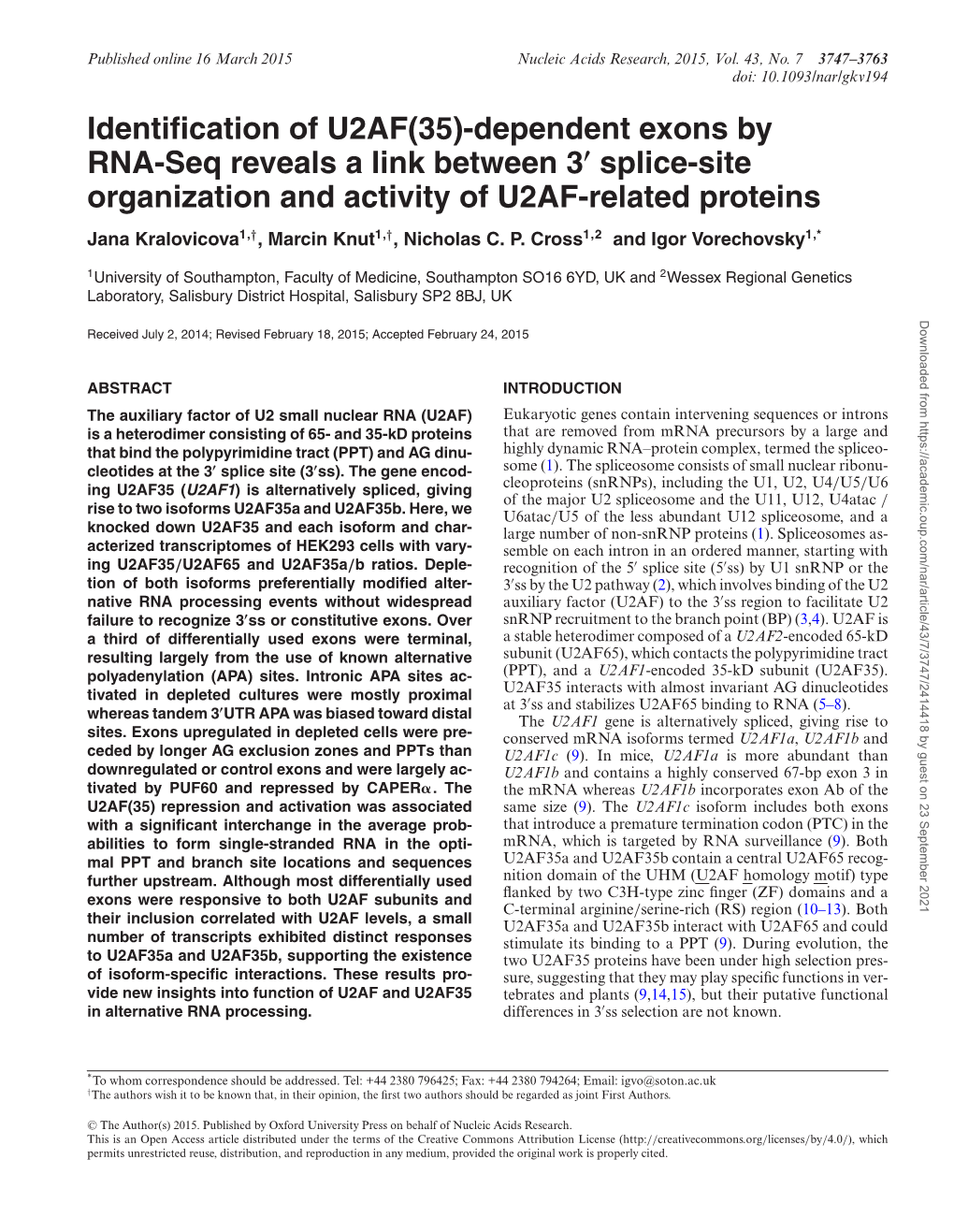 Identification of U2AF(35)-Dependent Exons by RNA-Seq Reveals a Link
