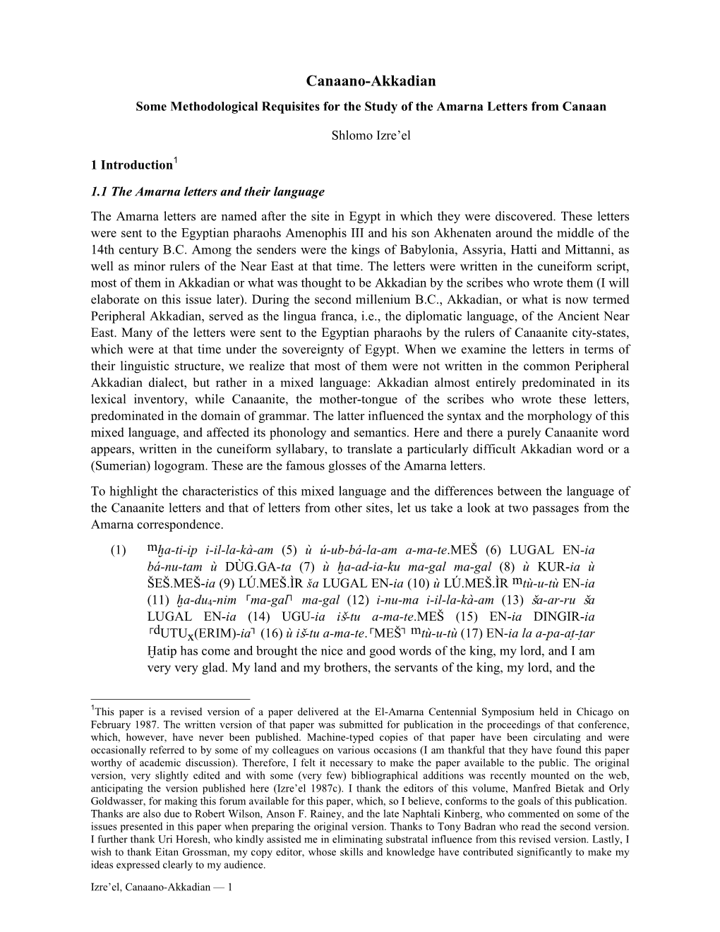 Canaano-Akkadian Some Methodological Requisites for the Study of the Amarna Letters from Canaan