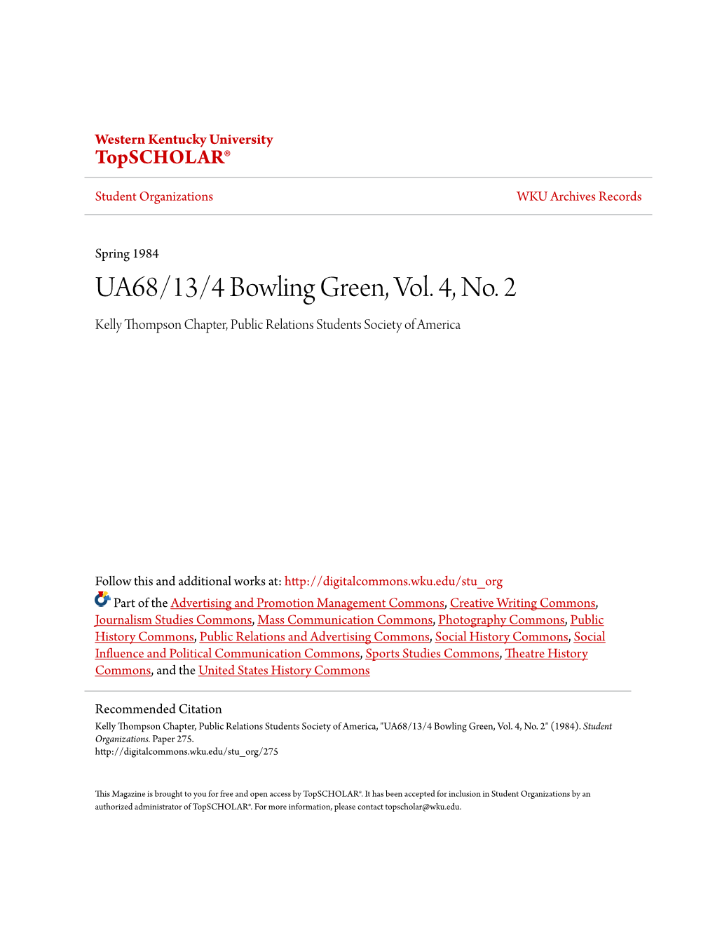 UA68/13/4 Bowling Green, Vol. 4, No. 2 Kelly Thompson Chapter, Public Relations Students Society of America