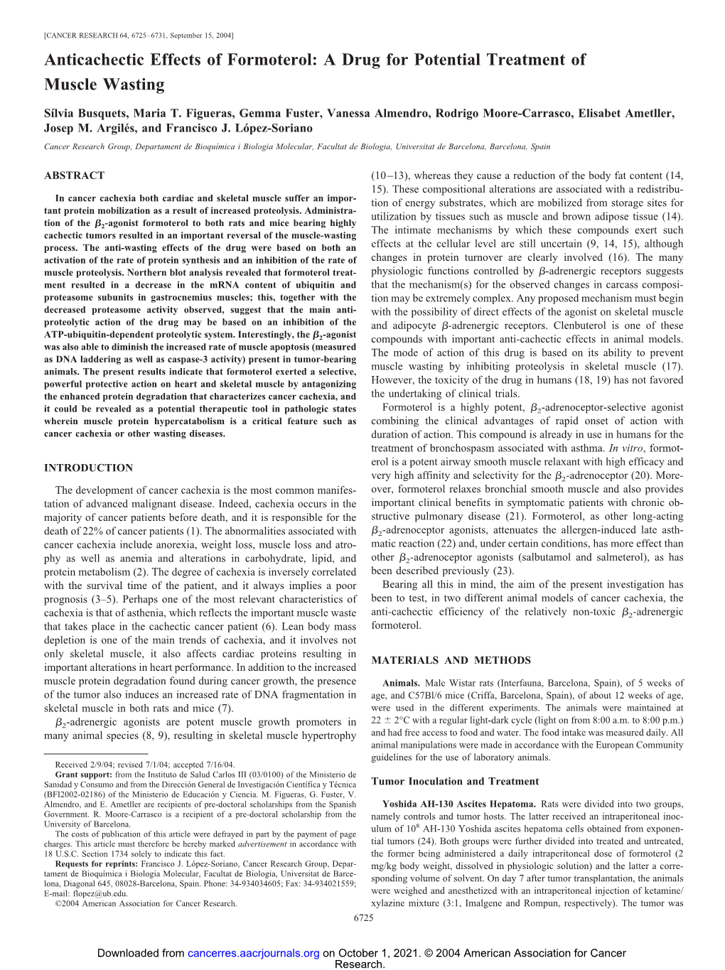 Anticachectic Effects of Formoterol: a Drug for Potential Treatment of Muscle Wasting