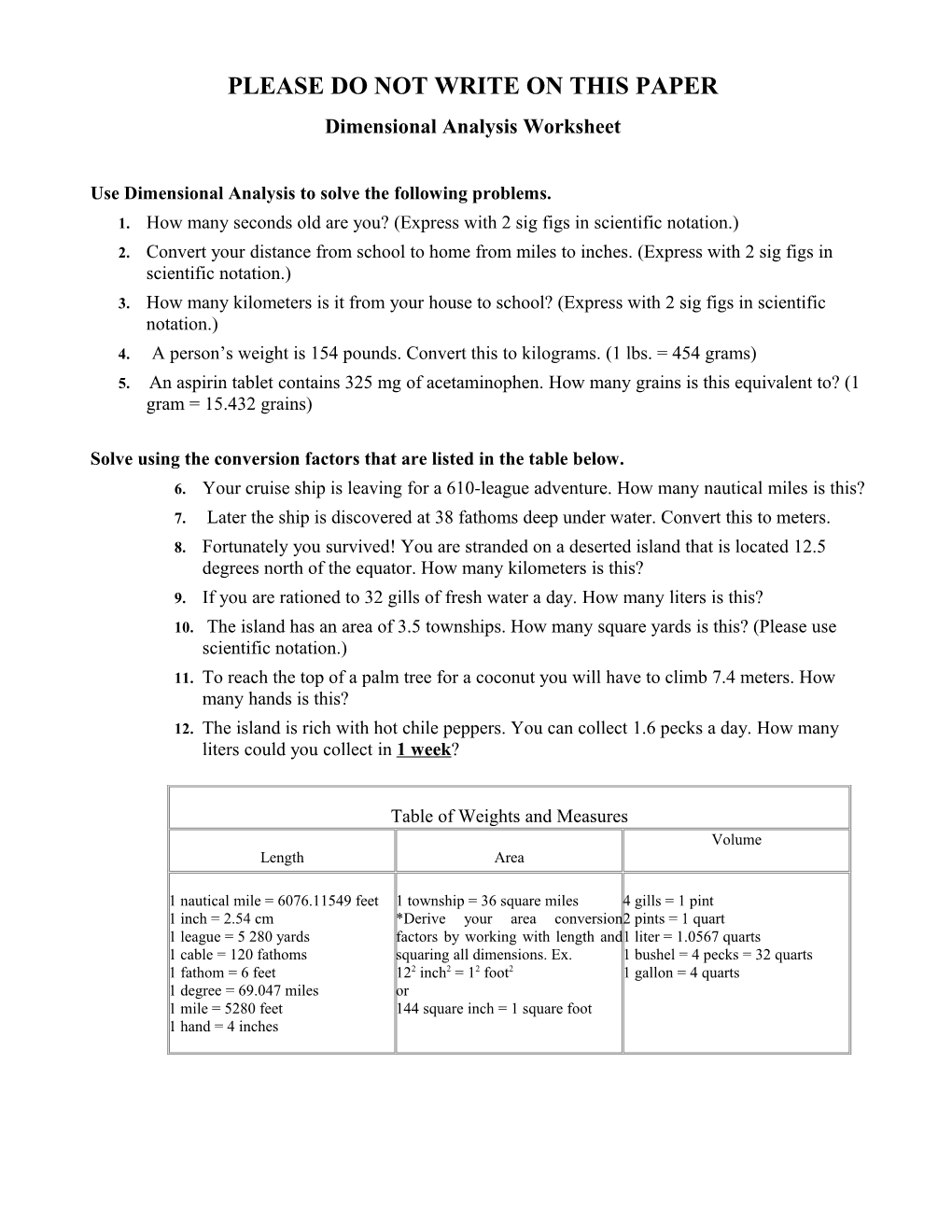 Dimensional Analysis Worksheet s1