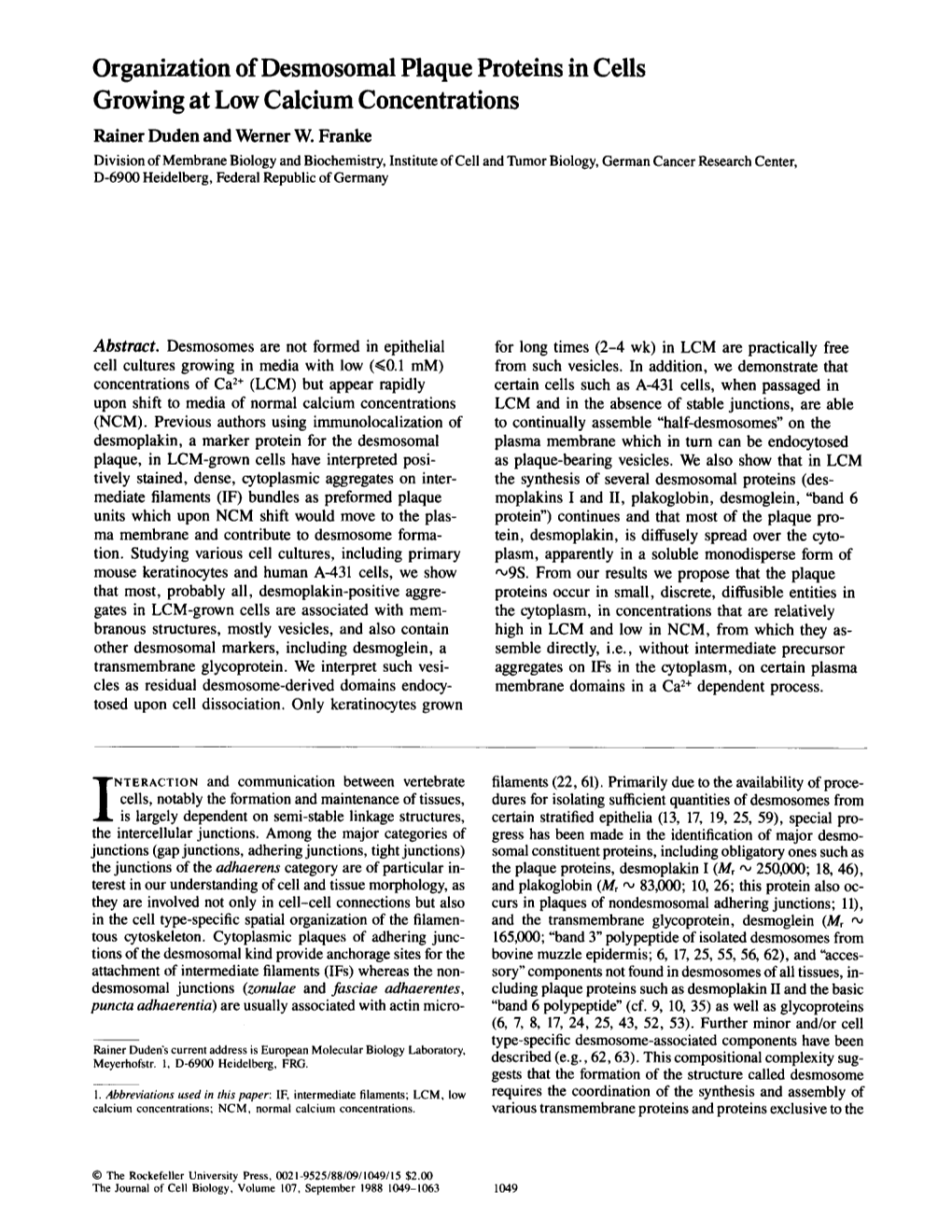 Organization of Desmosomal Plaque Proteins in Cells Growing at Low Calcium Concentrations Rainer Duden and Werner W