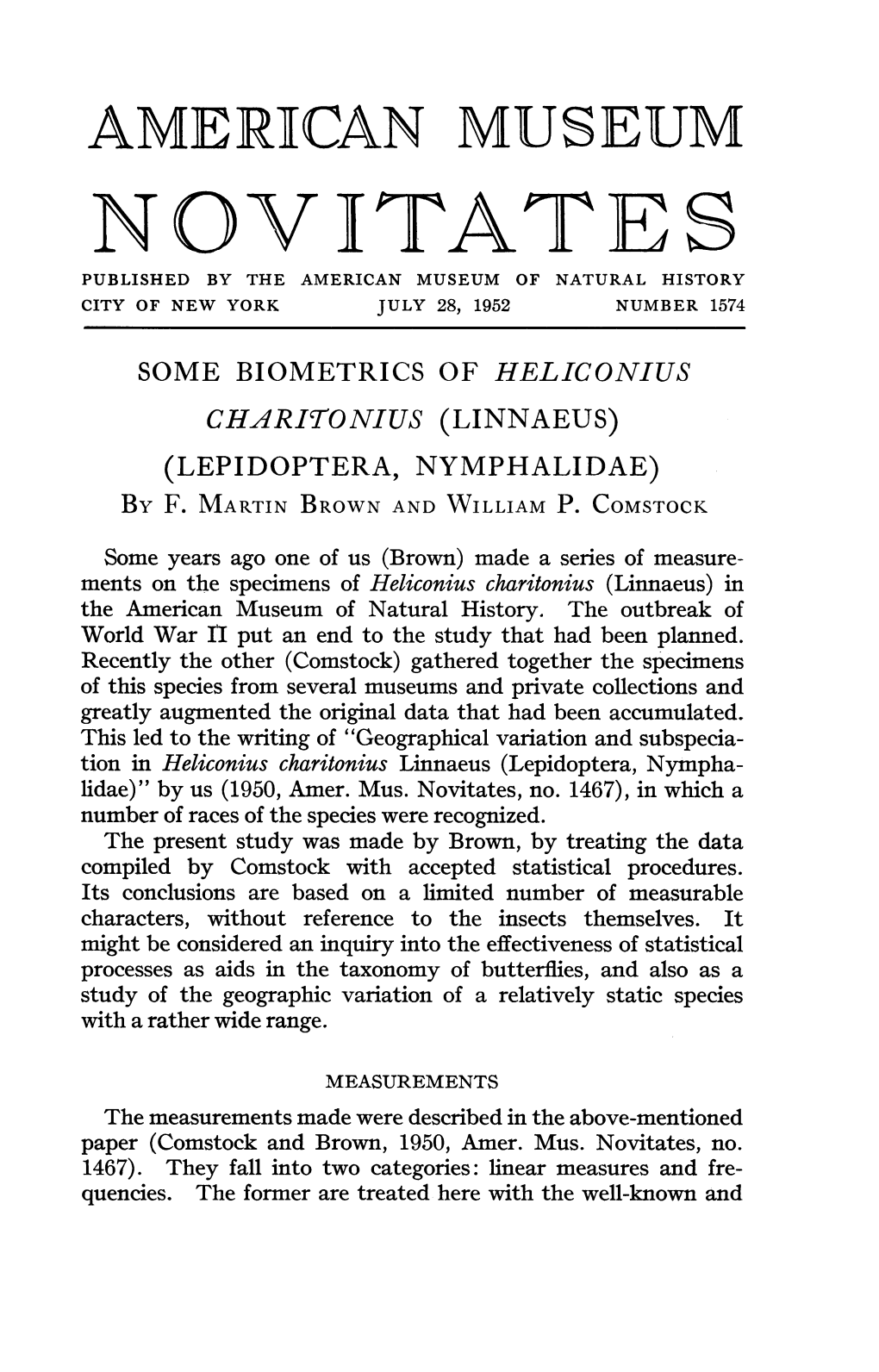 Novitates Published by the American Museum of Natural History City of New York July 28, 1952 Number 1574