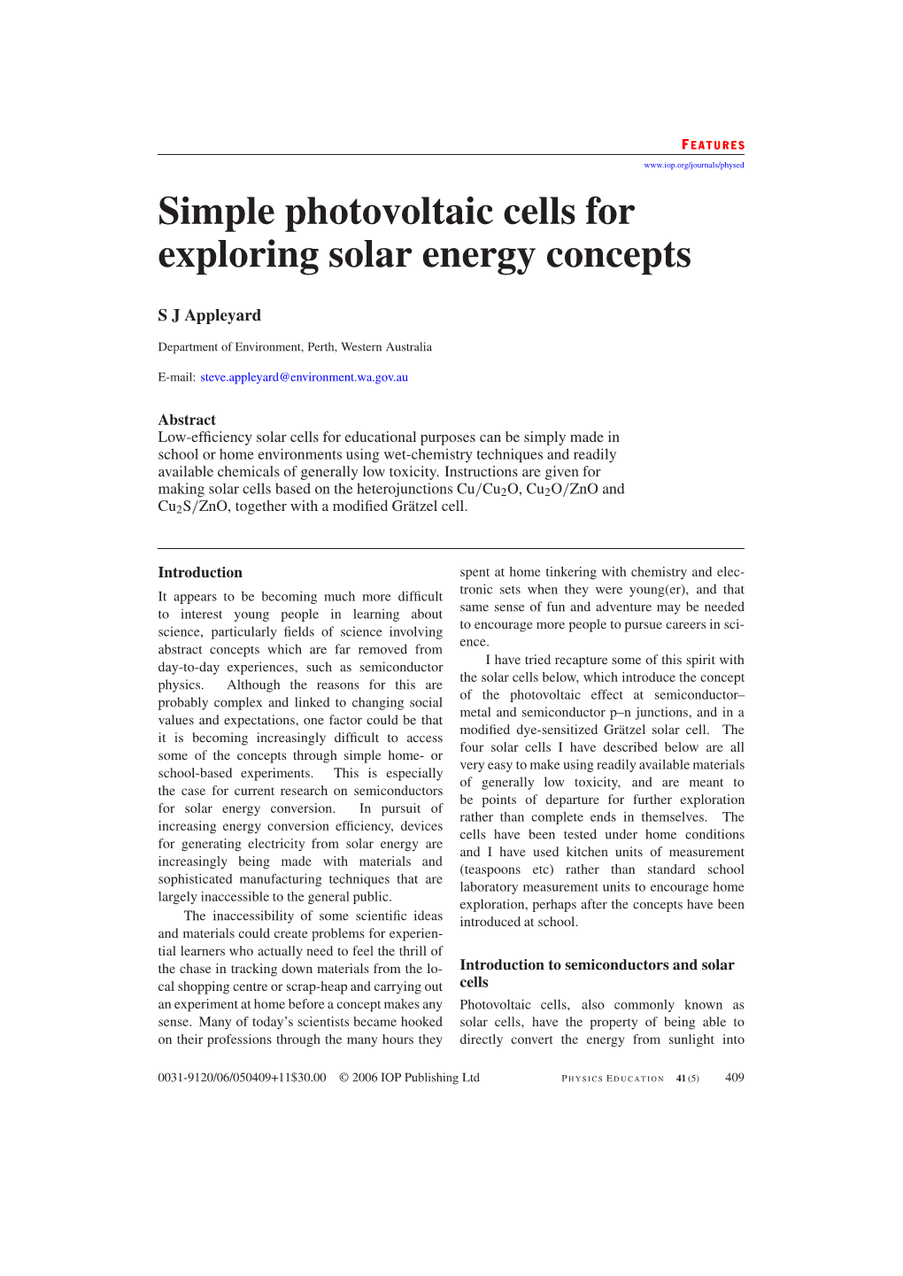 Simple Photovoltaic Cells for Exploring Solar Energy Concepts