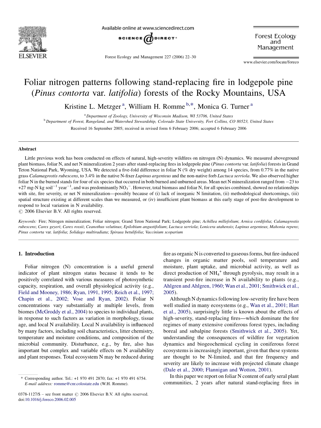 Foliar Nitrogen Patterns Following Stand-Replacing Fire in Lodgepole