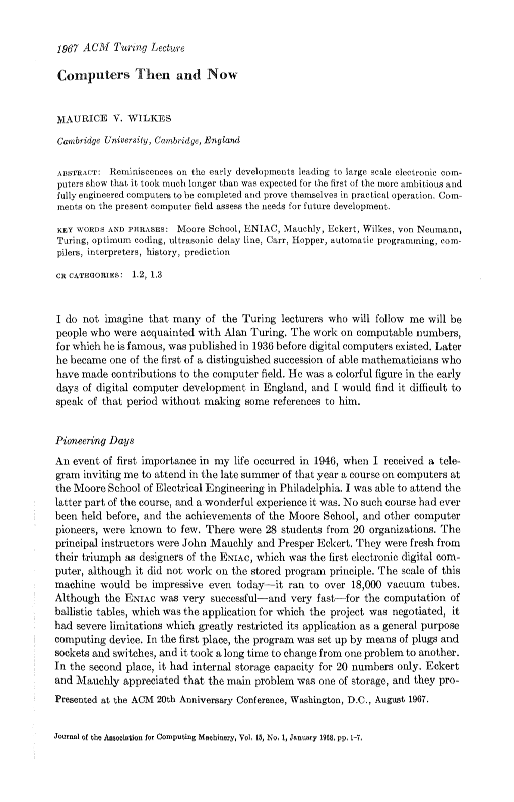 1967 ACM Turing Lecture Computers Then and Now