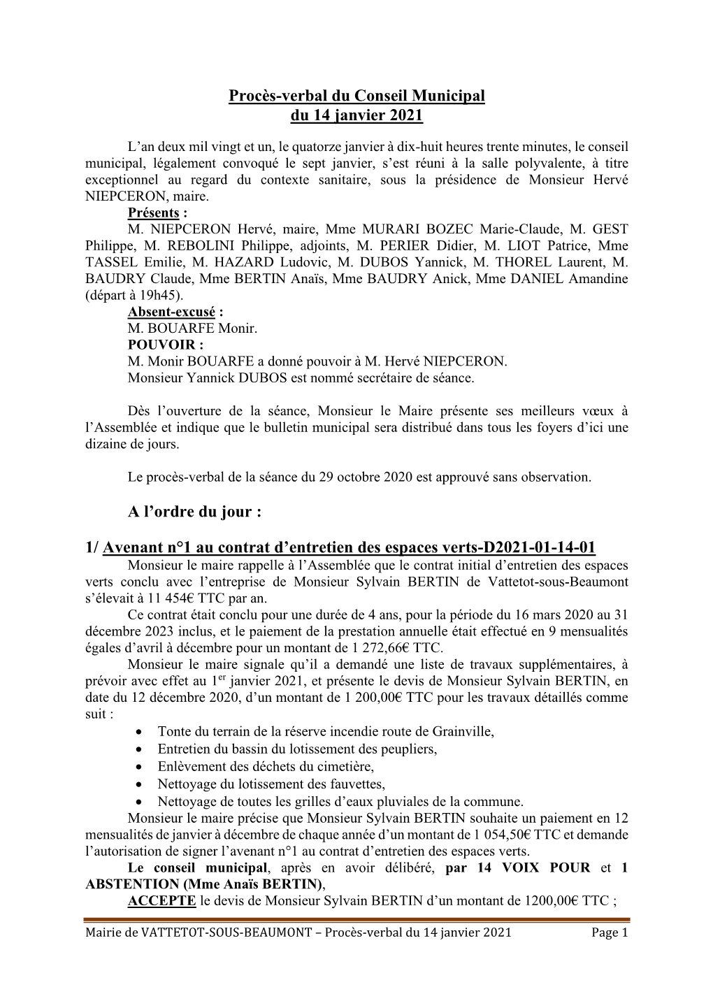 Procès-Verbal Du Conseil Municipal Du 14 Janvier 2021