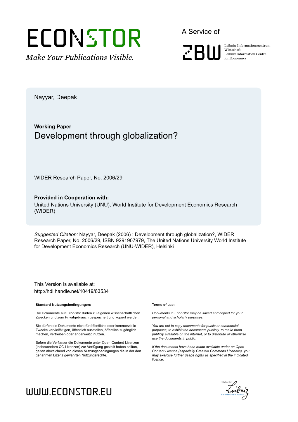 WIDER Research Paper 2006-29 Development Through Globalization?