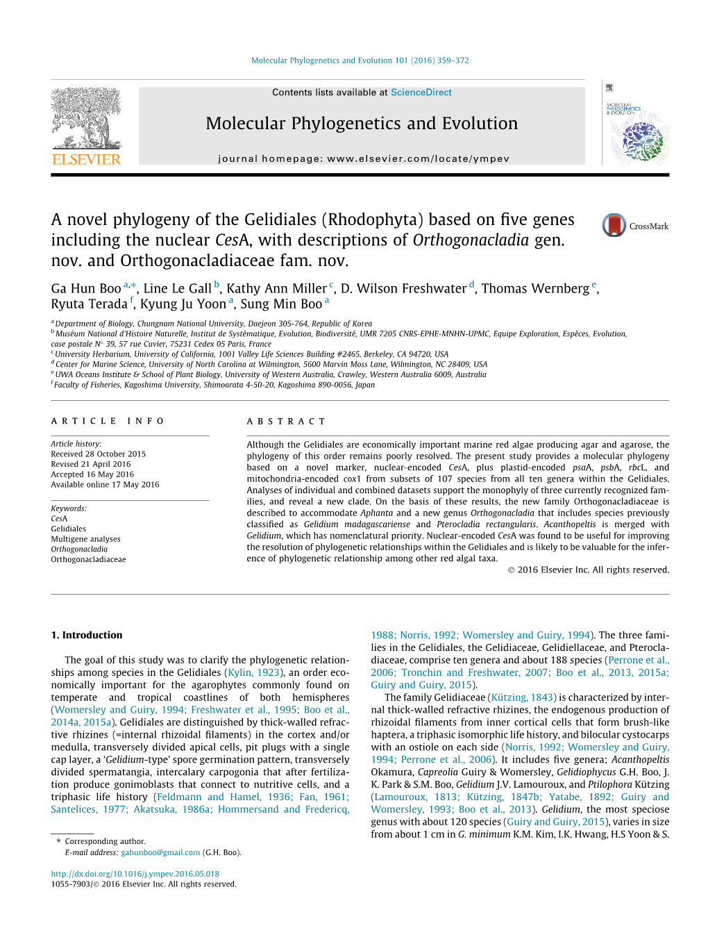 A Novel Phylogeny of the Gelidiales (Rhodophyta) Based on ﬁve Genes Including the Nuclear Cesa, with Descriptions of Orthogonacladia Gen