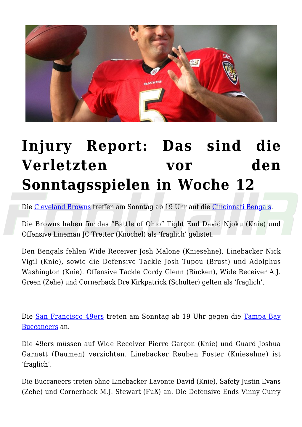 Injury Report: Das Sind Die Verletzten Vor Den Sonntagsspielen in Woche 12