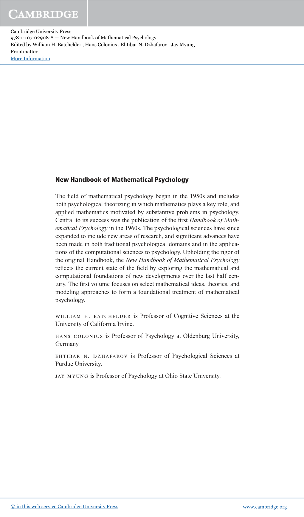 New Handbook of Mathematical Psychology Edited by William H