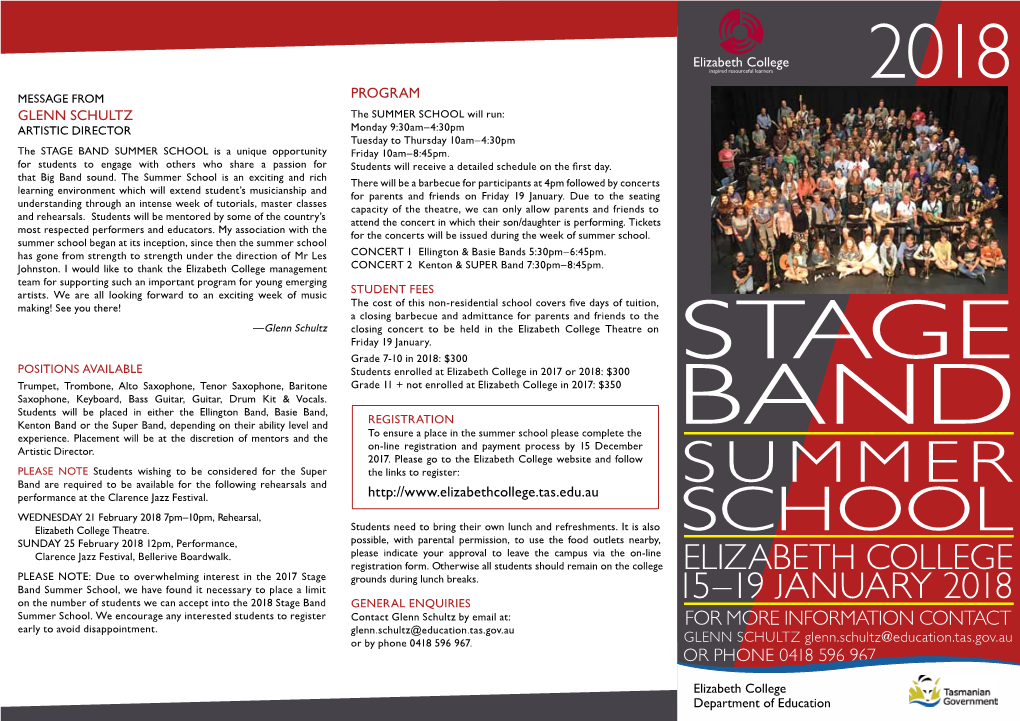 Stage Band Summer School 2018 Flyer