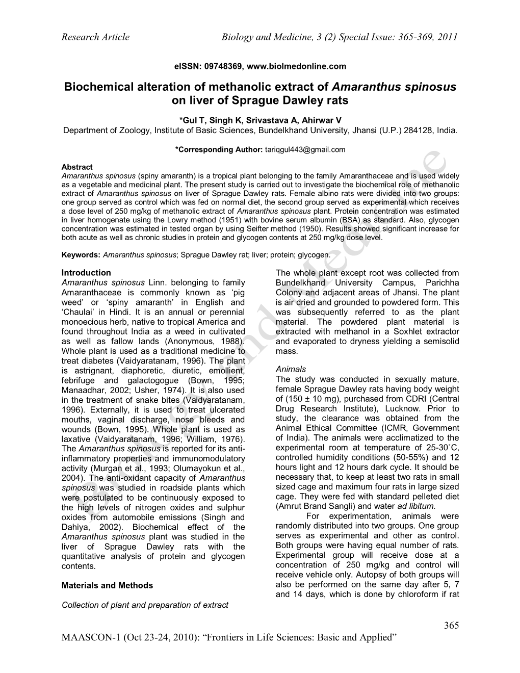 Biochemical Alteration of Methanolic Extract of Amaranthus Spinosus on Liver of Sprague Dawley Rats