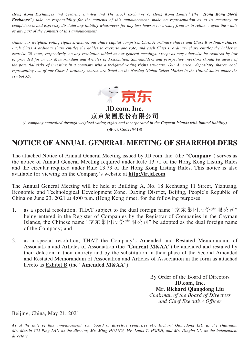 Notice of Annual General Meeting of Shareholders