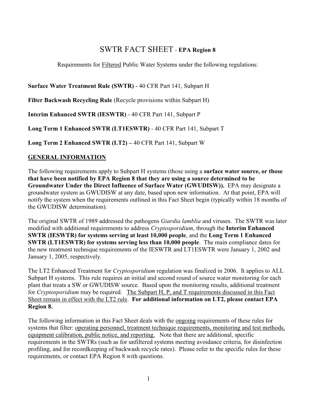 Surface Water Treatment Rule (SWTR) Fact Sheet