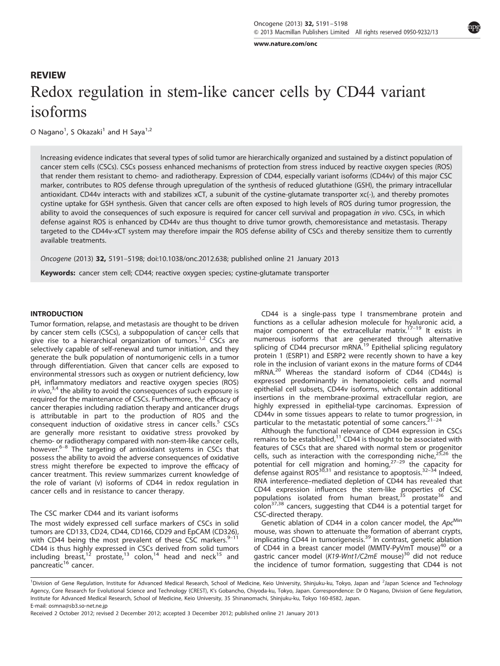 Redox Regulation in Stem-Like Cancer Cells by CD44 Variant Isoforms
