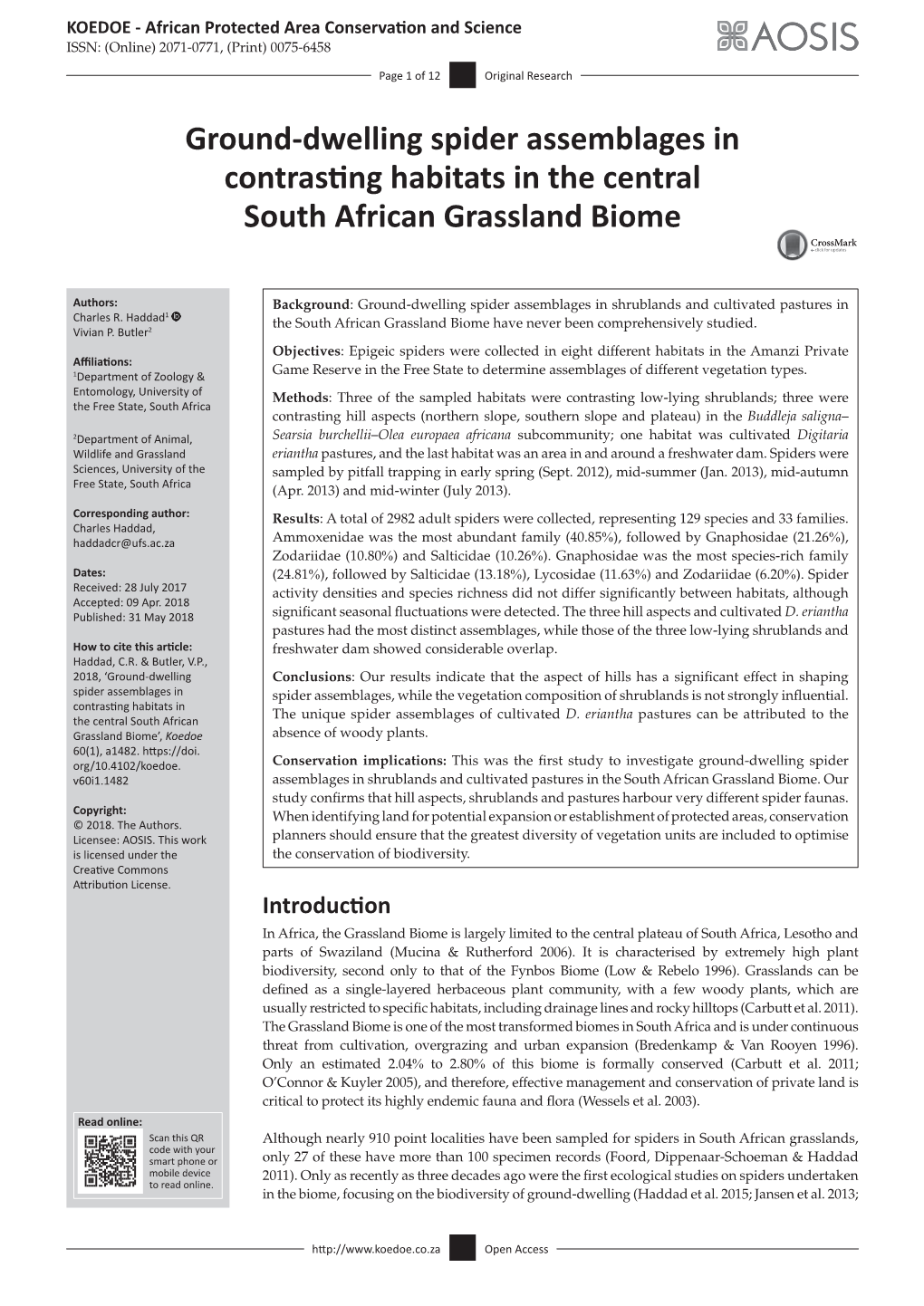 Ground-Dwelling Spider Assemblages in Contrasting Habitats in the Central South African Grassland Biome