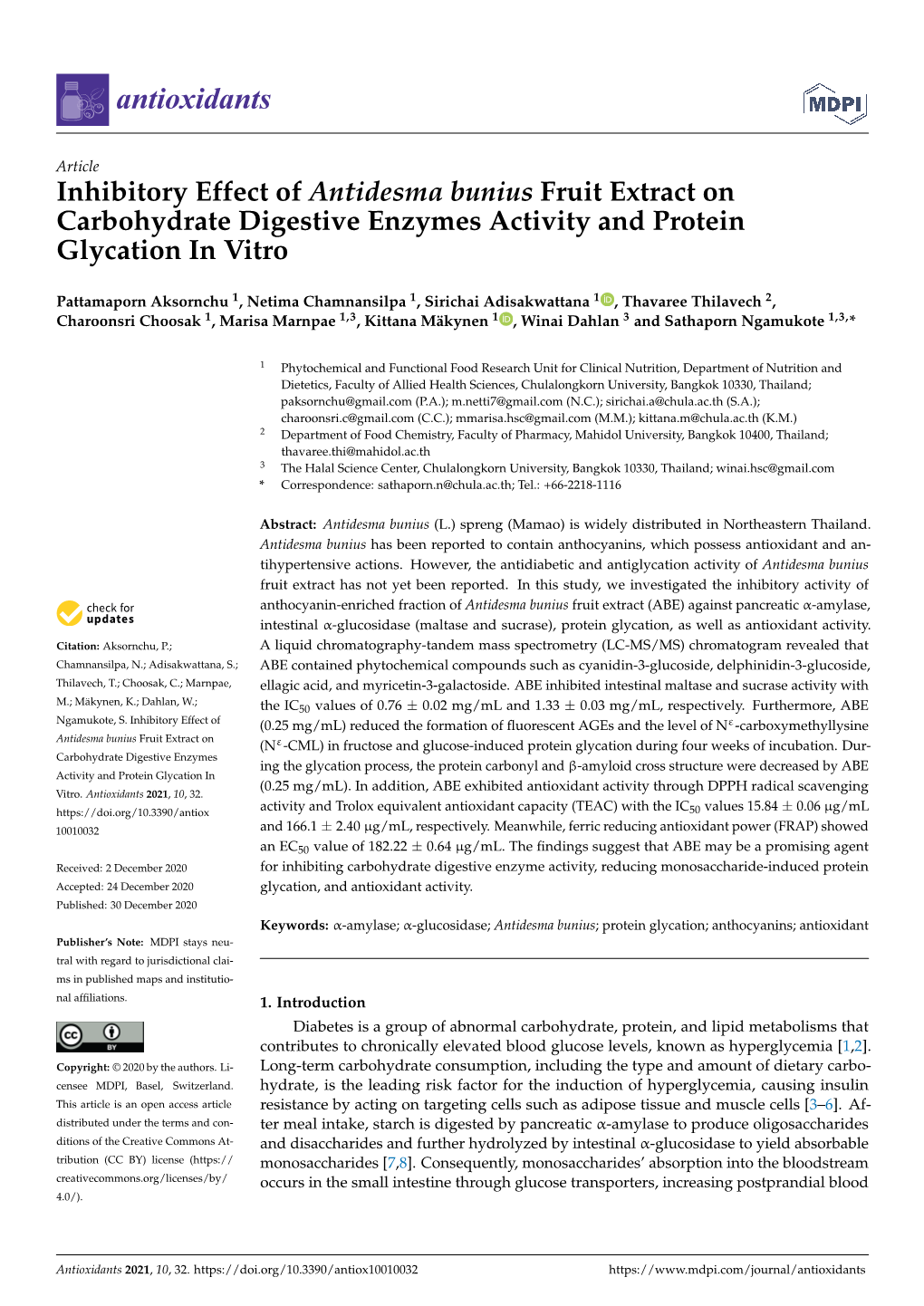 Inhibitory Effect of Antidesma Bunius Fruit Extract on Carbohydrate Digestive Enzymes Activity and Protein Glycation in Vitro