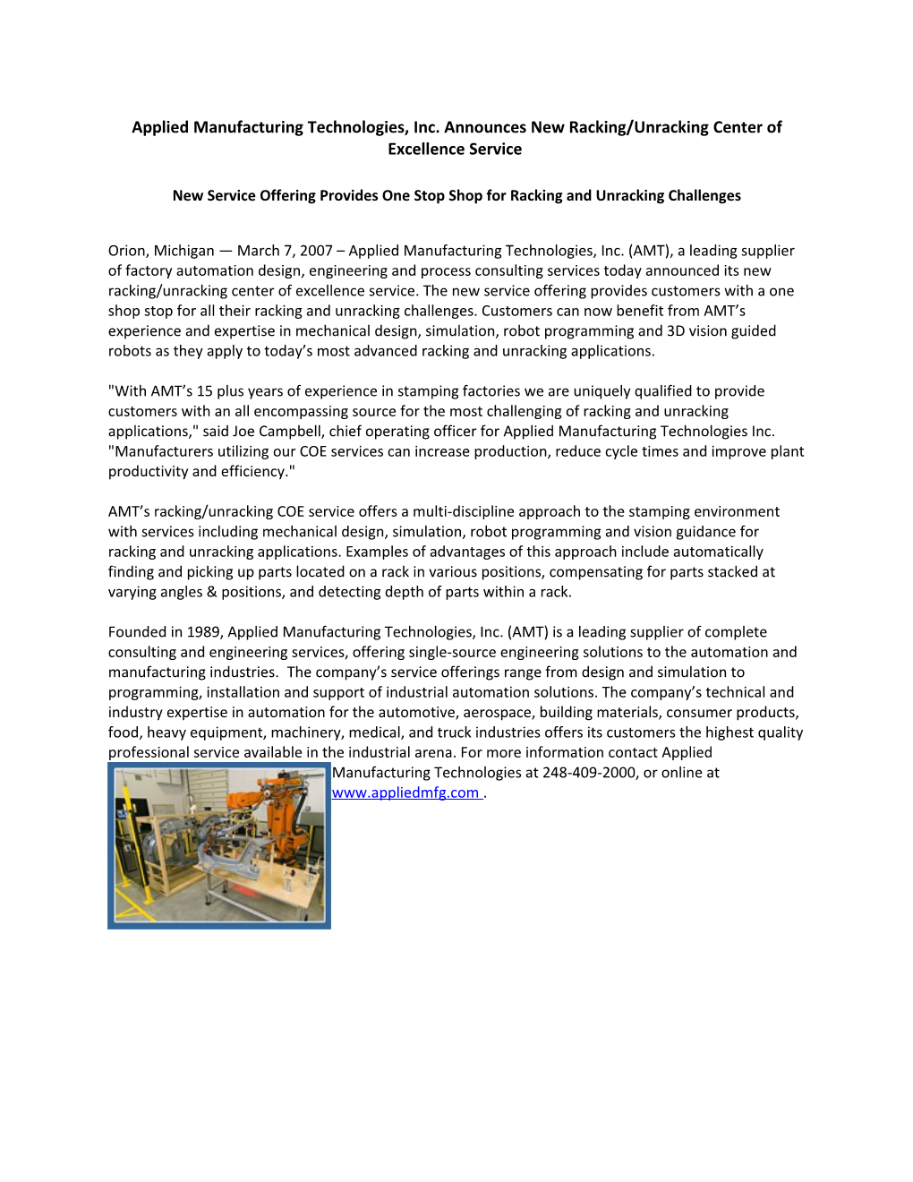 Applied Manufacturing Technologies, Inc. Announces New Racking/Unracking Center of Excellence