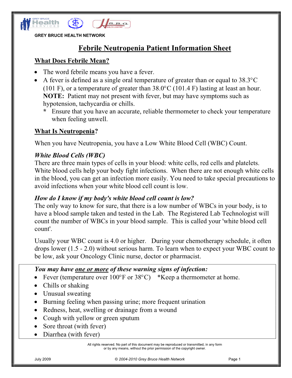Febrile Neutropenia Patient Information Sheet